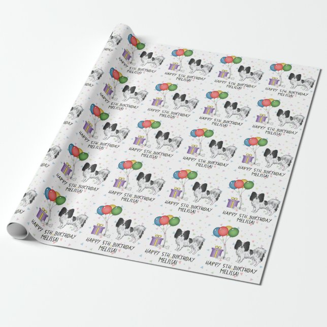Papel De Presente Papillon Preto e Branco Cachorro Fofo - Aniversári (Desenrolado)