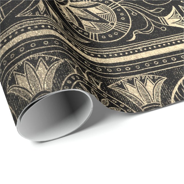 Papel De Presente Papiro Dourado Negro Antigo Egípcio Floral Lotus (Ponta do rolo)