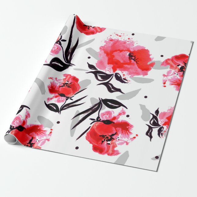 Papel De Presente Papoila Vermelha em um fundo branco com faixas de  (Desenrolado)