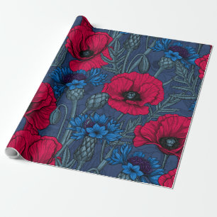 Papel De Presente Papoilas vermelhas e flores azuis em azul