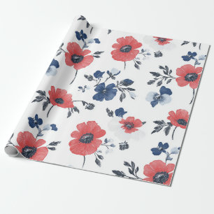Papel De Presente Papoula Coral Azul Marinho Floral Botânico