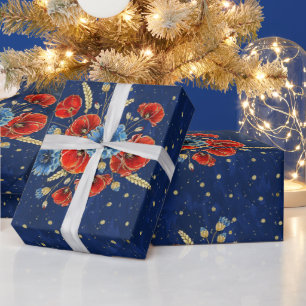 Papel De Presente Papoulas de Lembrança Elegantes Azuis, Vermelhas e