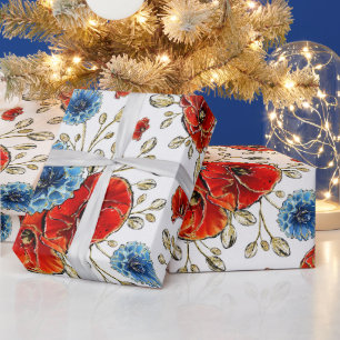 Papel De Presente Papoulas de Lembrança Elegantes em Azul, Vermelho 