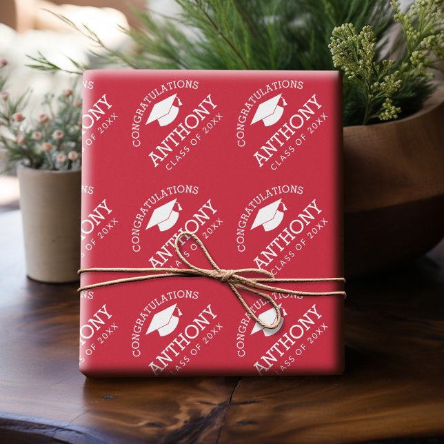 Papel De Presente Parabéns Boné de formatura branco vermelho (Personalized Wrapping Paper)