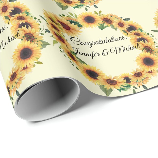 Papel De Presente Parabéns Casamento com Girassol Adicionar Nomes Ve (Ponta do rolo)