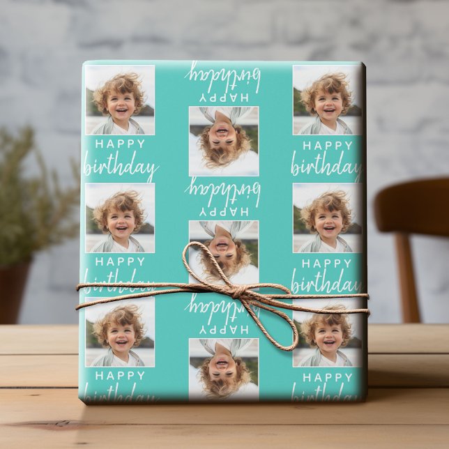 Papel De Presente Parabéns com uma foto ao quadrado - aqua (Custom Photo Wrapping Paper)