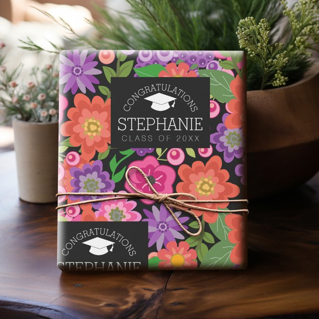 Papel De Presente Parabéns Formando Girly Flowers Graduação (Personalized Graduation Wrapping Paper)