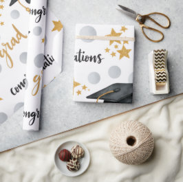 Papel De Presente Parabéns Graduado Estrelas Douradas Pontos Cinza M