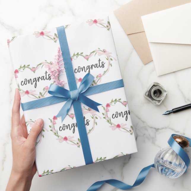 Papel De Presente Parabéns por corações cor-de-rosa (Presentear)