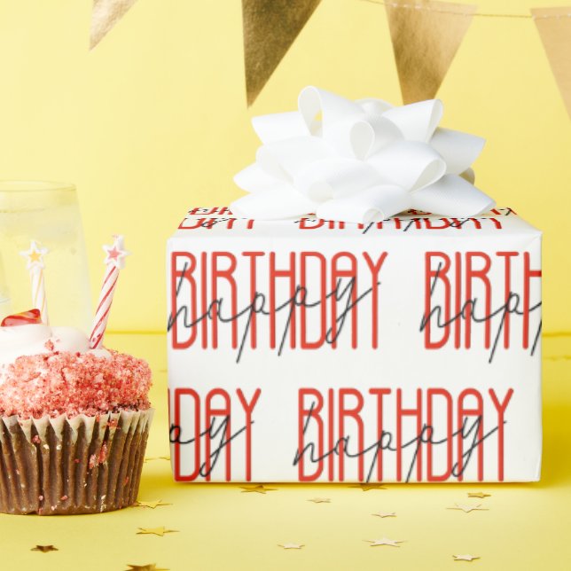 Papel De Presente Parabéns Vermelho e Negro (Festa de aniversário)