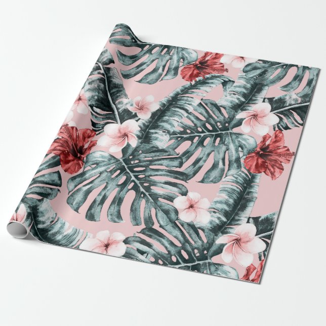 Papel De Presente Paraíso Rosa Ilha Tropical Floral Botânico (Desenrolado)