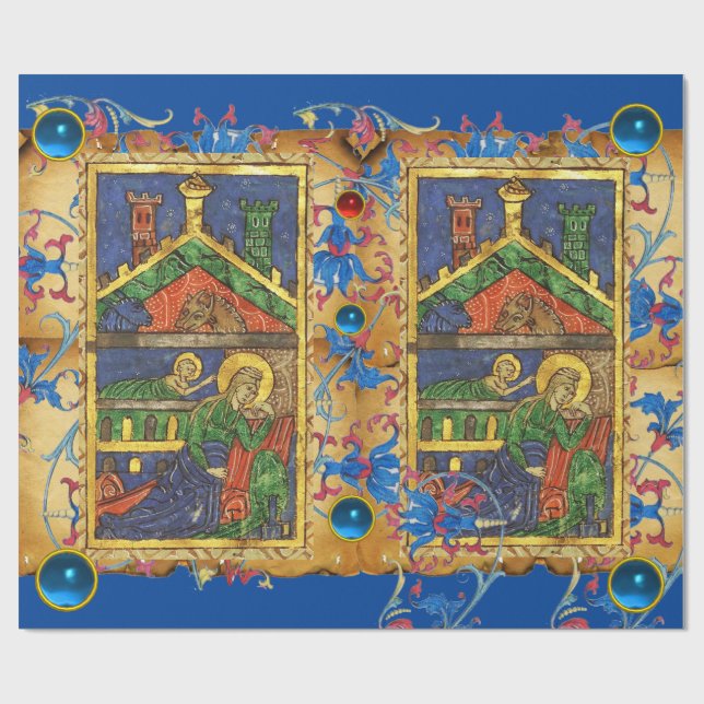 PAPEL DE PRESENTE PARCHES E GEMS DE NATAL FLORAL AZUL (Aberto)