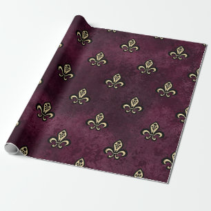 Papel De Presente Paris Antigo Borgonha e Dourado Fleur de Lis