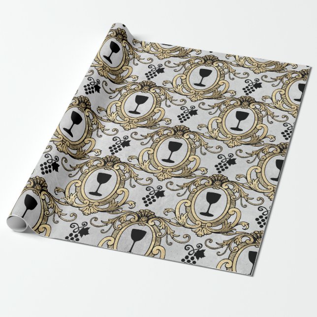 Papel De Presente Paris Antigo Falso Dourado Tema Vinho (Desenrolado)