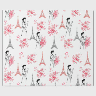 Papel De Presente Paris Love Pattern – Eiffel Tower & Roses Seamless