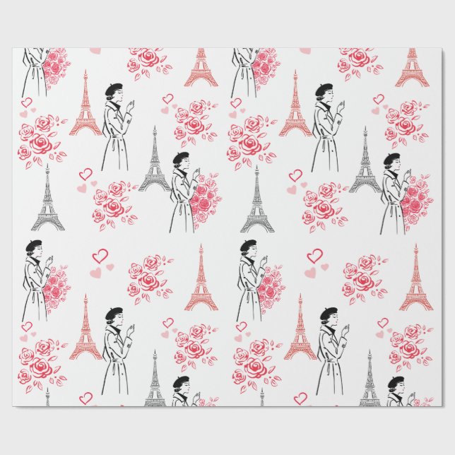 Papel De Presente Paris Love Pattern – Eiffel Tower & Roses Seamless (Aberto)