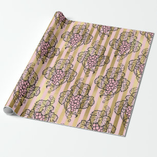 Papel De Presente Paris Rosa e Dourado com tema de Vinho em Folha