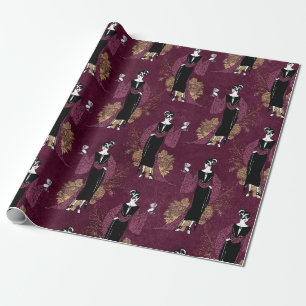 Papel De Presente Paris Vintage Burgundy e Arte Deco em Falso Ouro