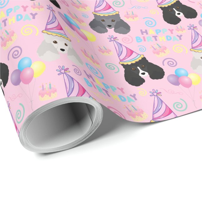 Papel De Presente Parti Poodle Birthday Gift Wrapping Paper Pink (Ponta do rolo)