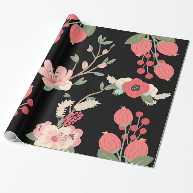 Papel De Presente Partido de jardim preto de Boho floral (Desenrolado)