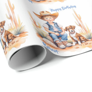 Papel De Presente Parto Personalizado de Cowboy e Cachorro Ocidental