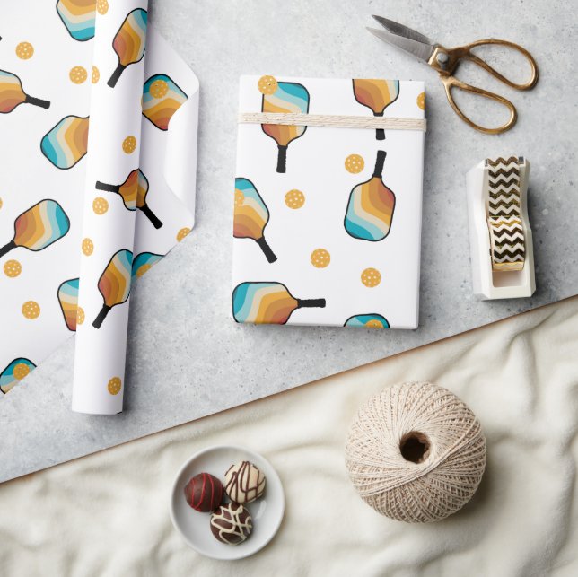 Papel De Presente Pás de Pickleball Retro e Padrão de Bola (Artesanato)