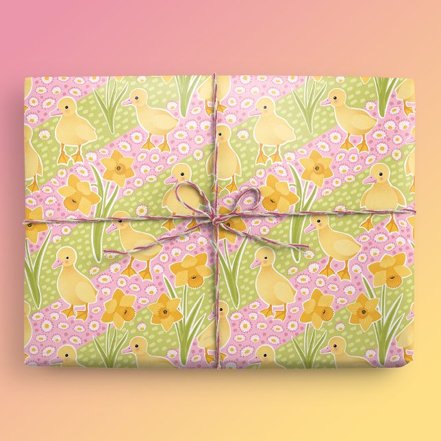Papel De Presente Páscoa de Daffodils e Ducklings (Cute Ducklings and Daffodils Gift Mockup)