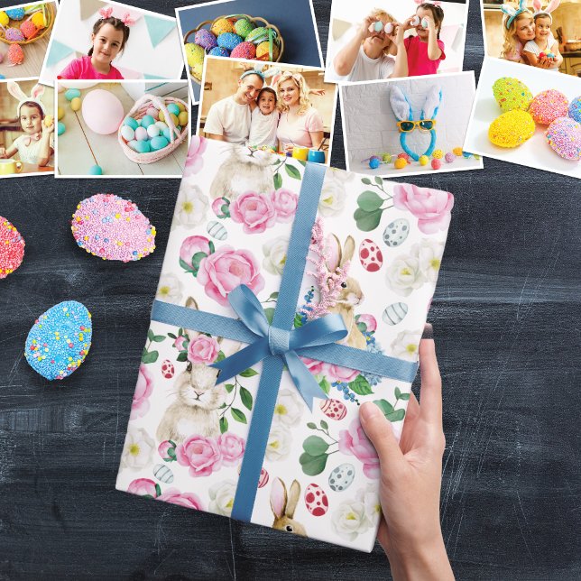 Papel De Presente Páscoa Ovos Coelho Pastel Floral Pêonias Aquarela (Easter Eggs Bunny Floral Pastel Peonies Watercolor Wrapping Paper)
