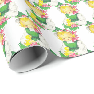 Papel De Presente Páscoa Vintage Girl com Pintinho Páscoa