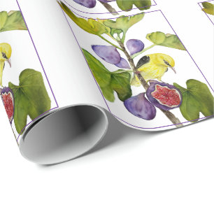 Papel De Presente Passarinho Amarelo Vibrante com Figos Roxos Aquare