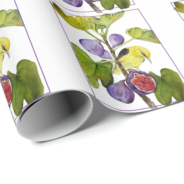 Papel De Presente Passarinho Amarelo Vibrante com Figos Roxos Aquare (Ponta do rolo)