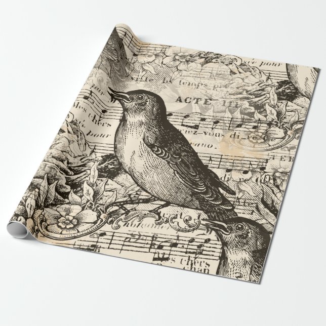Papel De Presente passarinhos de música victoriana (Desenrolado)