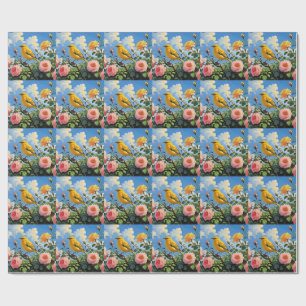 Papel De Presente Pássaro amarelo colorido e rosas cor-de-rosa bonit