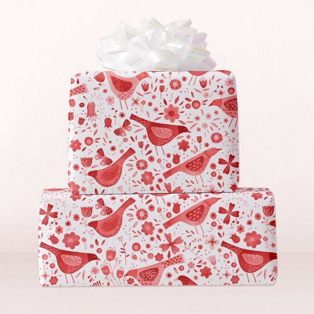 Papel De Presente Pássaro Aquarela Vermelho Branco (Pretty watercolor red and white bird and flower gift wrap)