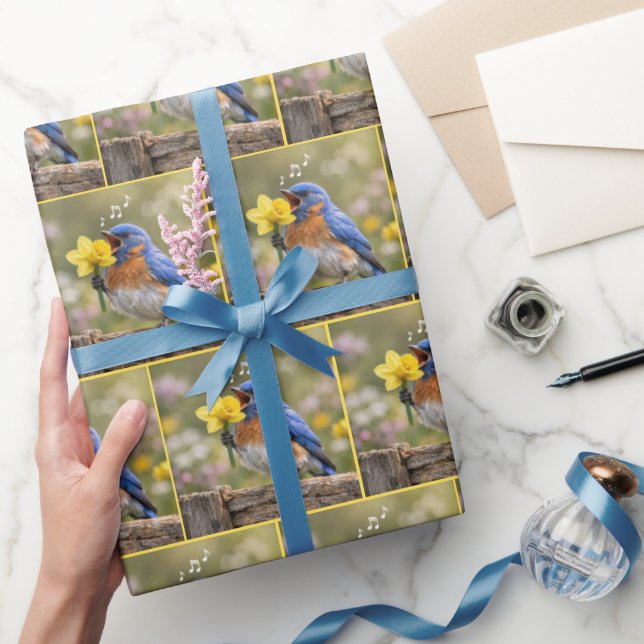 Papel De Presente Pássaro Azul Cantando em um Narciso Amarelo (Presentear)