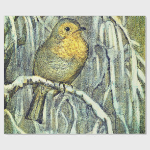 Papel De Presente Pássaro bonito Robin Vintage em um galho nevado