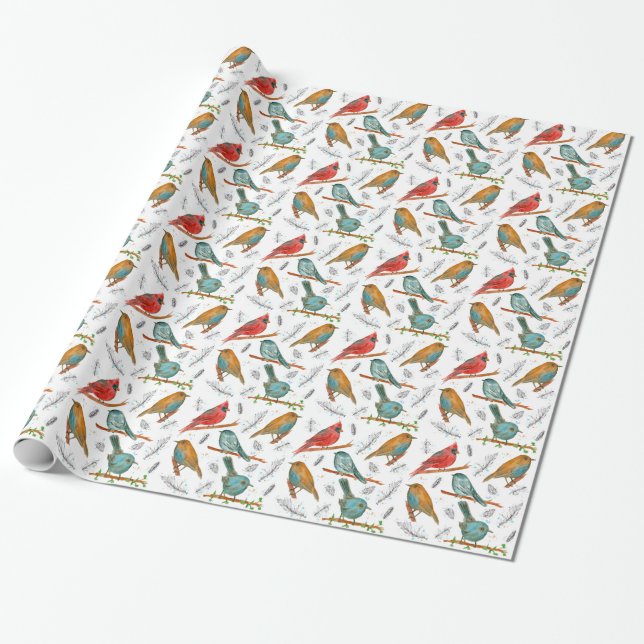 Papel De Presente Pássaro Cardeal Azulejos Chapim Caçador-de-mosquit (Desenrolado)