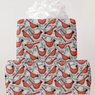 Papel De Presente Pássaro Cardinal Festivo em Aquarela