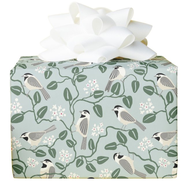 Papel De Presente Pássaro Chickadee Artes e Ofícios de Flores Silves (Chickadee bird Mayflower blossom botanical Arts and Crafts inspired gift wrapping paper roll)
