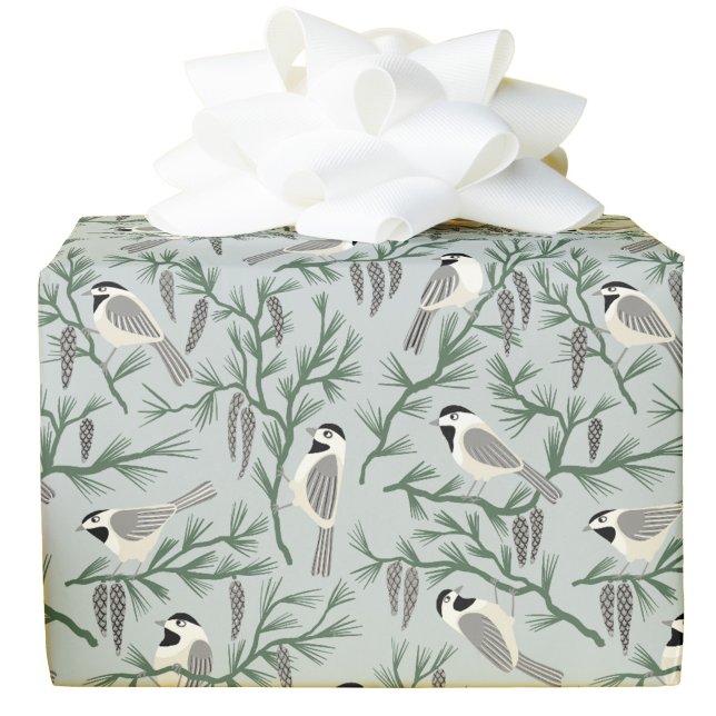 Papel De Presente Pássaro Chickadee Artes e Ofícios de Pinheiro (Chickadee bird White Pine branches botanical Arts and Crafts inspired gift wrapping paper roll)