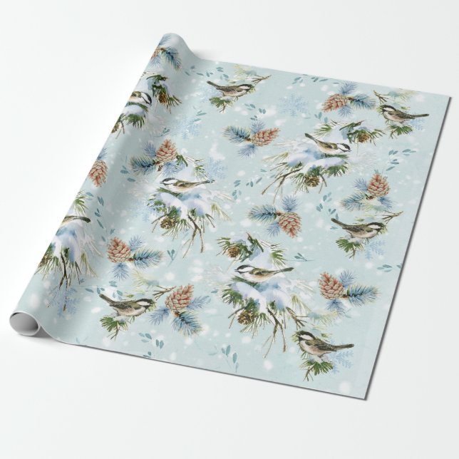 Papel De Presente Pássaro Chickadee Neve Pinecone Woodland Natal (Desenrolado)