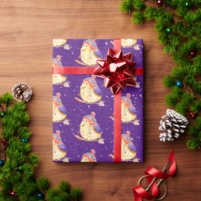 Papel De Presente Pássaro com Boné de inverno em roxo (Presente de Natal)