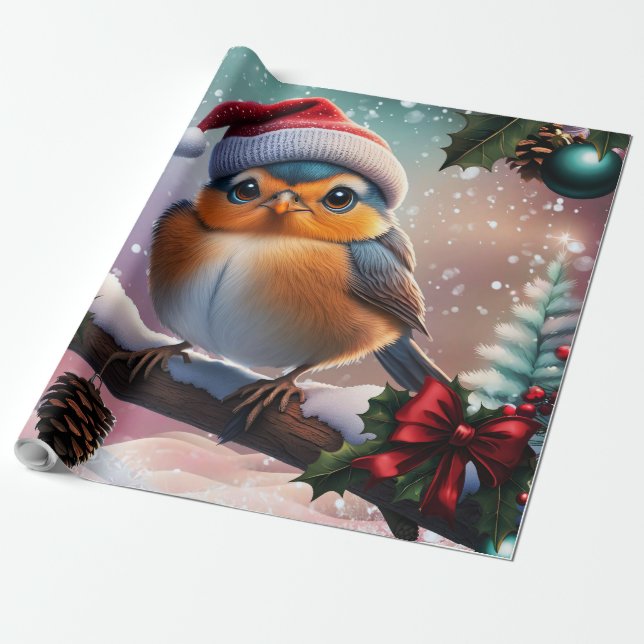 Papel De Presente Pássaro de Natal bonito sentado num galho (Desenrolado)