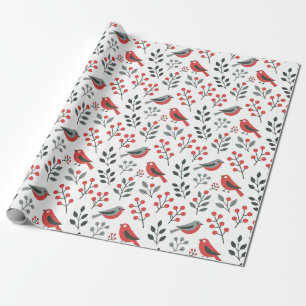 Papel De Presente Pássaro de Natal com Frutas Vermelhas Modernas