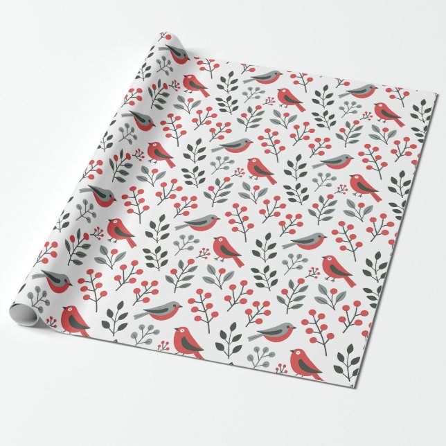 Papel De Presente Pássaro de Natal com Frutas Vermelhas Modernas (Desenrolado)