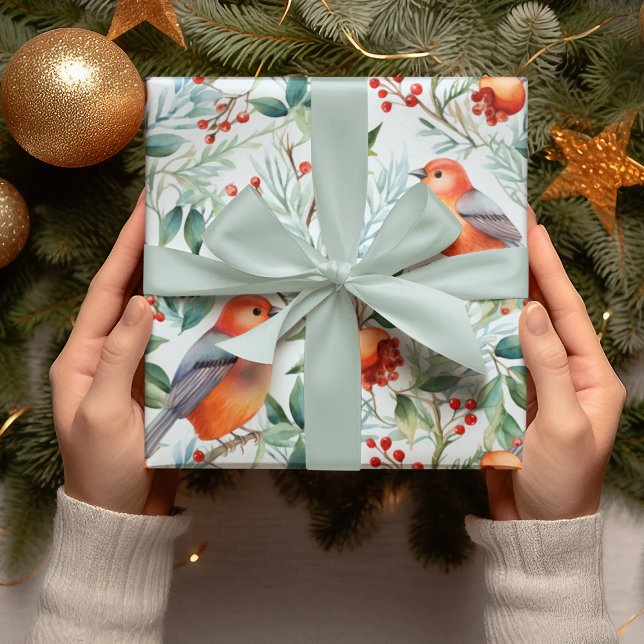 Papel De Presente Pássaro de Natal Verde Deixa Flores Vermelhas Aqua (Criador carregado)