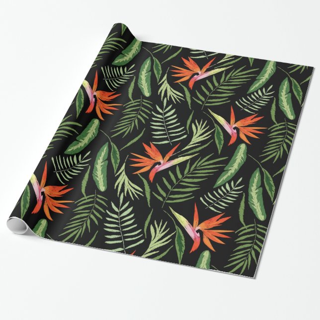 Papel De Presente Pássaro de paraíso tropical e samambaias no preto (Desenrolado)