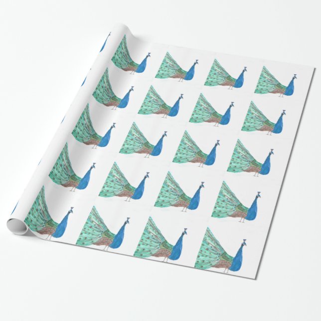 Papel De Presente Pássaro de pavão de penas azul Aquarela verde (Desenrolado)
