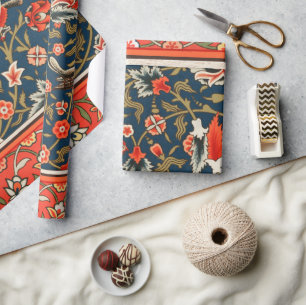 Papel De Presente Pássaro e Flor Padrão Vermelho Azul Persa