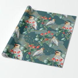 Papel De Presente Pássaro finch, geração natalina, morango vermelho